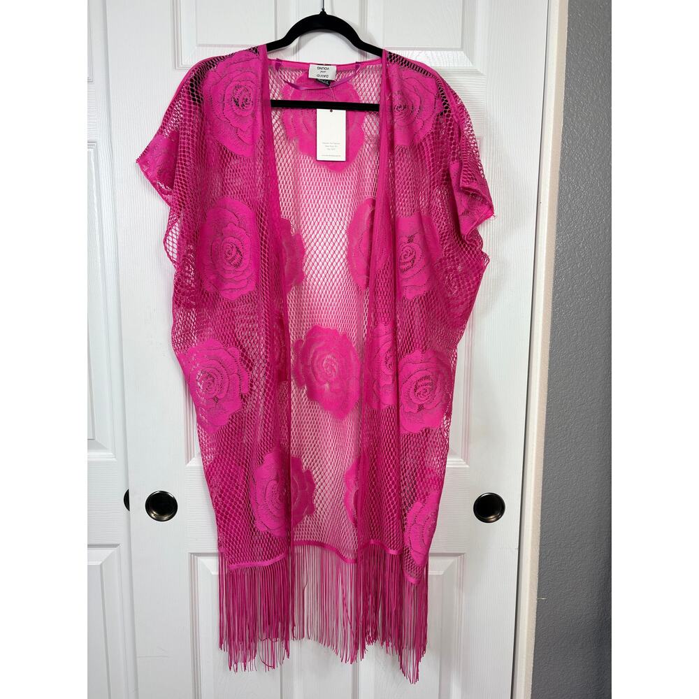 David and Young Rose Pink Floral Lace Kimono Duster Fringe Details One Size NWT